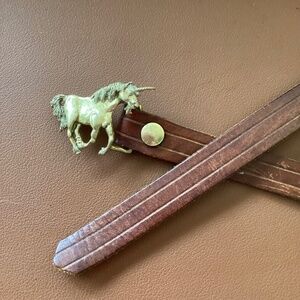 Brass Unicorn Belt Buckle with Hand Tooled Cowhide Leather Belt